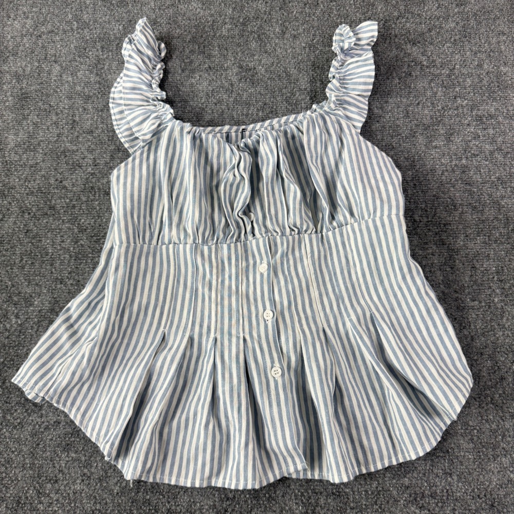 Striped Ruffle Peplum Top Square Neckline Ruffle Women Size M Blue White Boho